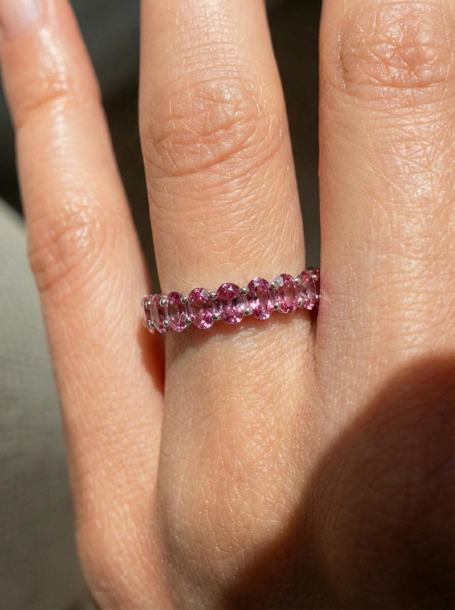 2.1CT Oval Pink Tourmaline Wedding Band, Shared Prong Pink Tourmaline Ring, Almost Eternity Ring, Classic Stackable October Birthstone Band