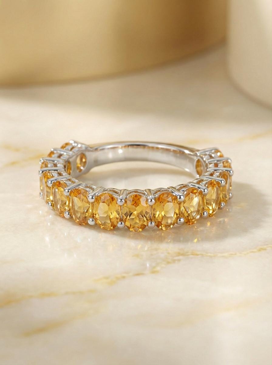 2.1CT Oval Citrine Wedding Band, Shared Prong Citrine Ring, Almost Eternity Ring, Classic Stackable November Birthstone Band