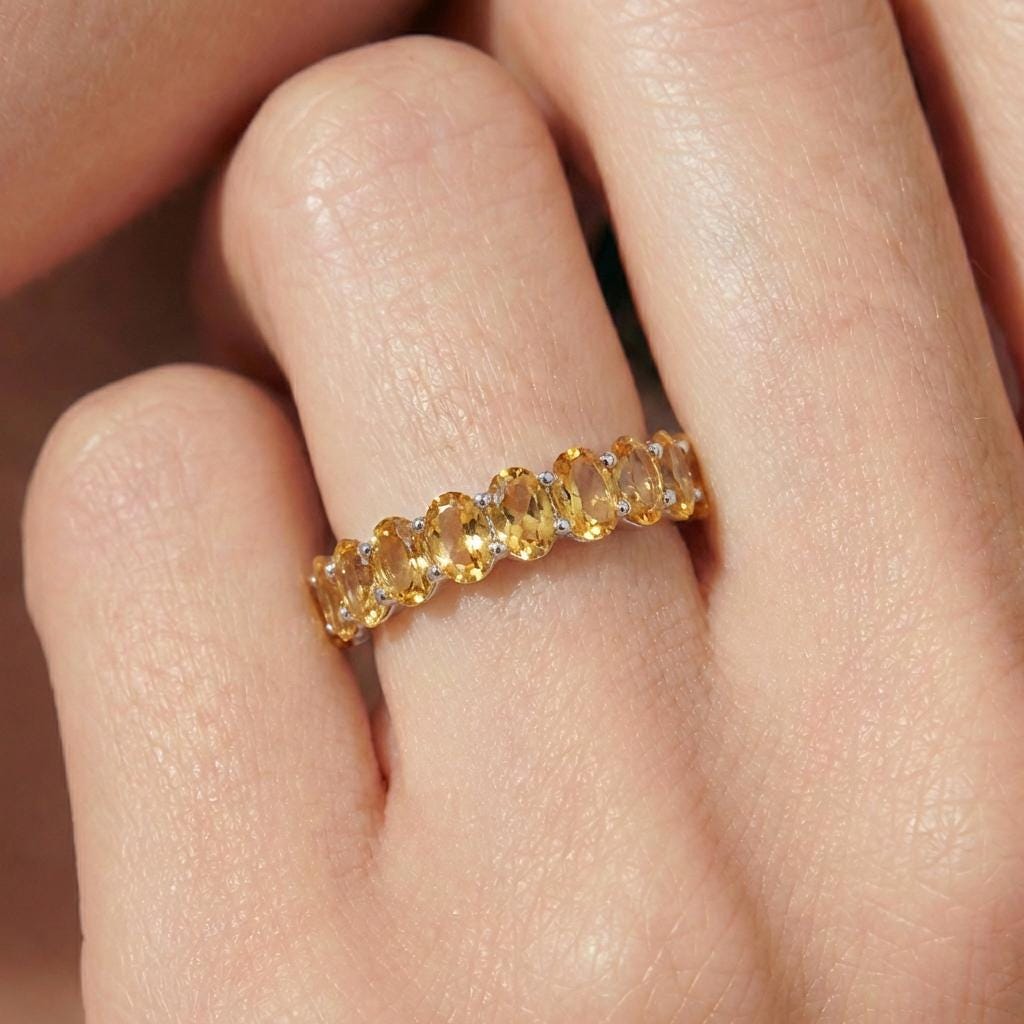 2.1CT Oval Citrine Wedding Band, Shared Prong Citrine Ring, Almost Eternity Ring, Classic Stackable November Birthstone Band