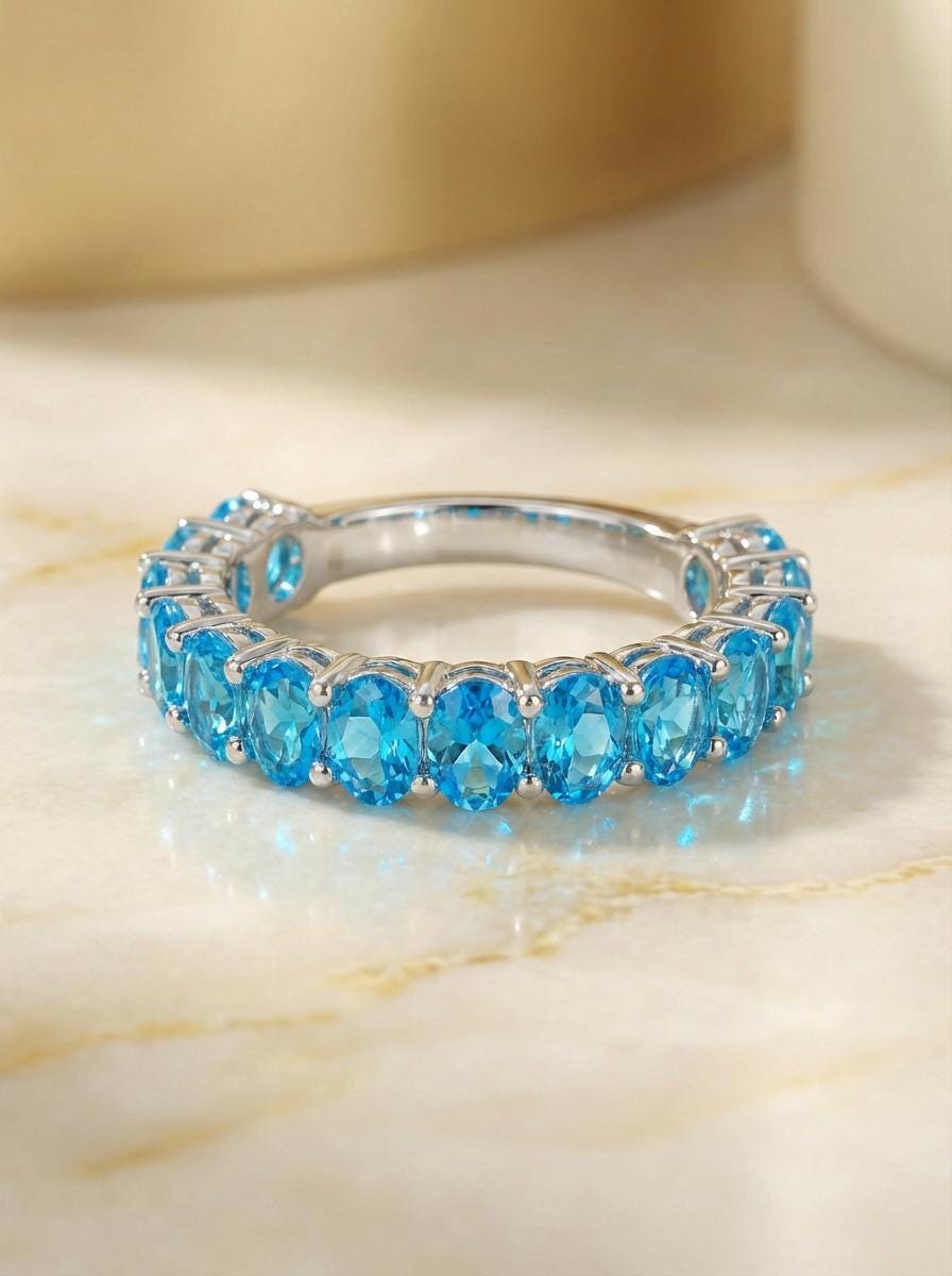 2.1CT Oval Blue Zircon Wedding Band, Shared Prong Blue Zircon Ring, Almost Eternity Ring, Classic Stackable December Birthstone Band