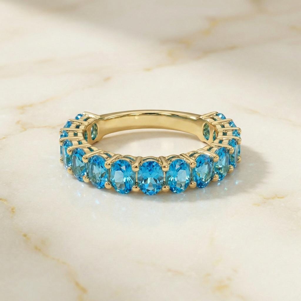 2.1CT Oval Blue Zircon Wedding Band, Shared Prong Blue Zircon Ring, Almost Eternity Ring, Classic Stackable December Birthstone Band