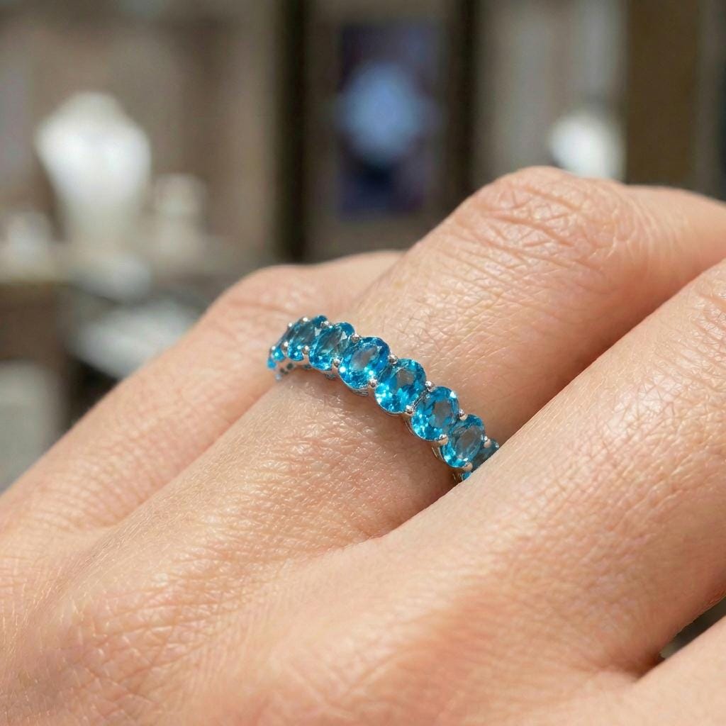 2.1CT Oval Blue Zircon Wedding Band, Shared Prong Blue Zircon Ring, Almost Eternity Ring, Classic Stackable December Birthstone Band