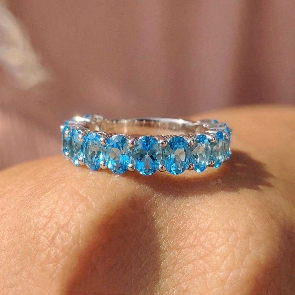 2.1CT Oval Blue Zircon Wedding Band, Shared Prong Blue Zircon Ring, Almost Eternity Ring, Classic Stackable December Birthstone Band