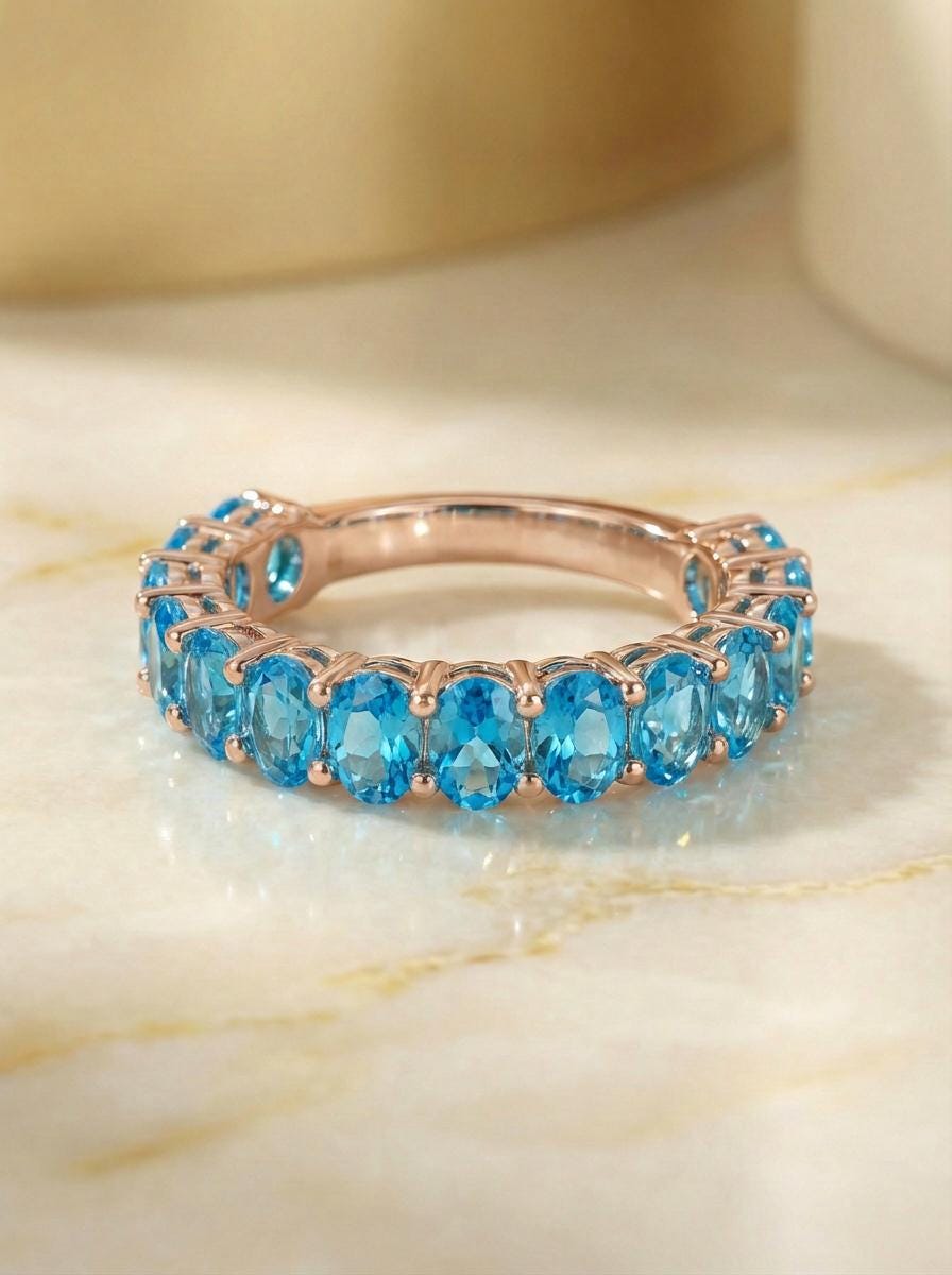 2.1CT Oval Blue Zircon Wedding Band, Shared Prong Blue Zircon Ring, Almost Eternity Ring, Classic Stackable December Birthstone Band