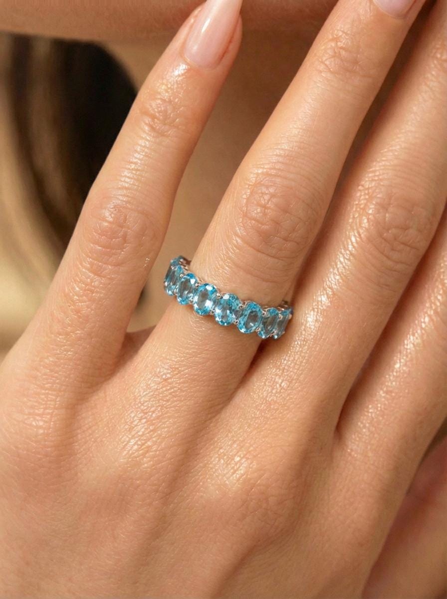 2.1CT Oval Blue Zircon Wedding Band, Shared Prong Blue Zircon Ring, Almost Eternity Ring, Classic Stackable December Birthstone Band