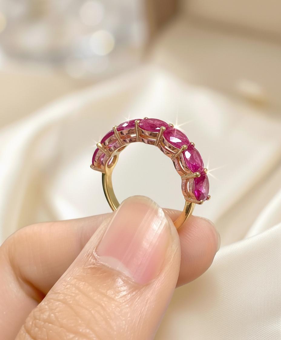 3.50 CTW Pink Sapphire Wedding Band 5mm Round Cut 7 Stone Anniversary Ring Gemstone Eternity Band September Birthstone