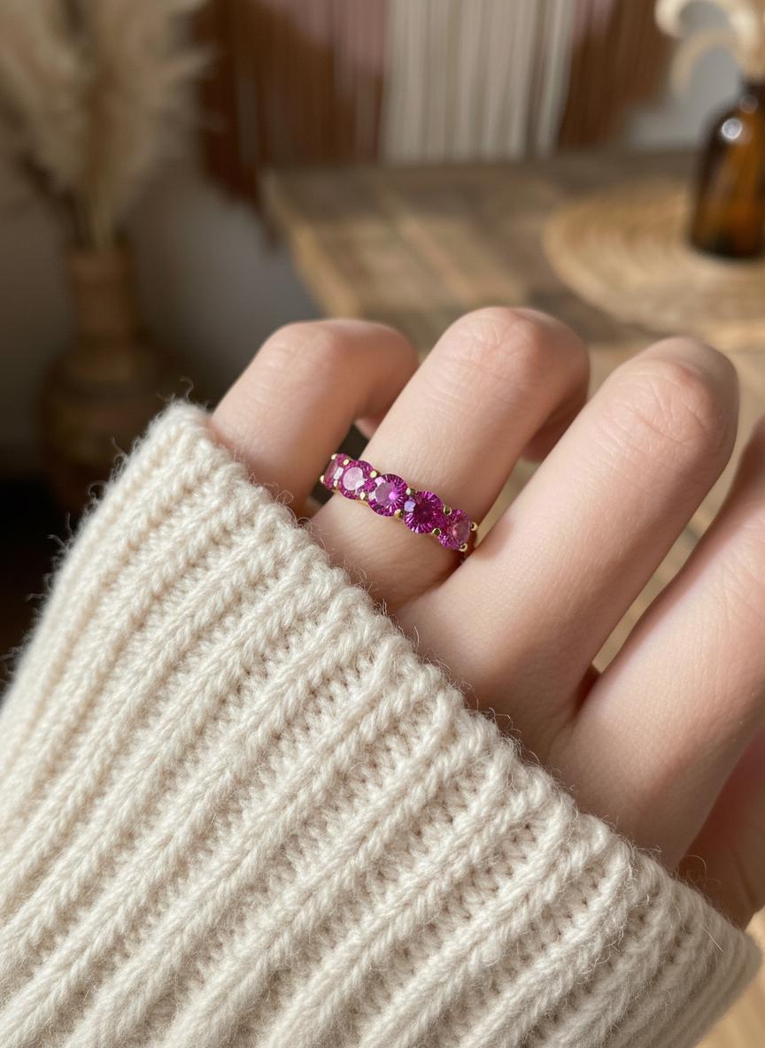 3.50 CTW Pink Sapphire Wedding Band 5mm Round Cut 7 Stone Anniversary Ring Gemstone Eternity Band September Birthstone