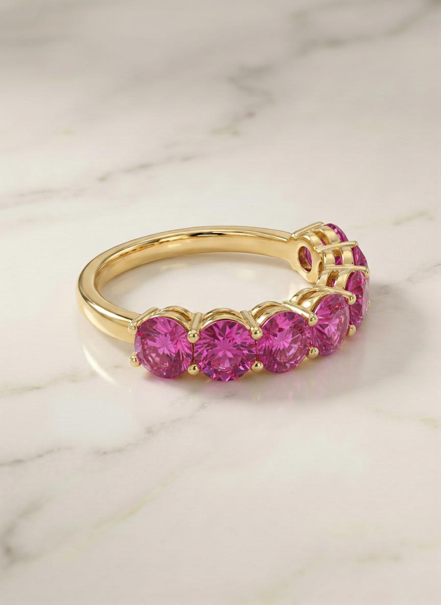 3.50 CTW Pink Sapphire Wedding Band 5mm Round Cut 7 Stone Anniversary Ring Gemstone Eternity Band September Birthstone