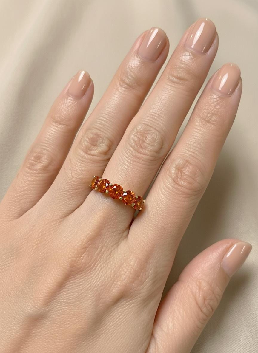 Orange Sapphire Wedding Band 3.50ctw 5mm Round Cut 7 Stone Anniversary Ring  Orange Gemstone Eternity Band September Birthstone