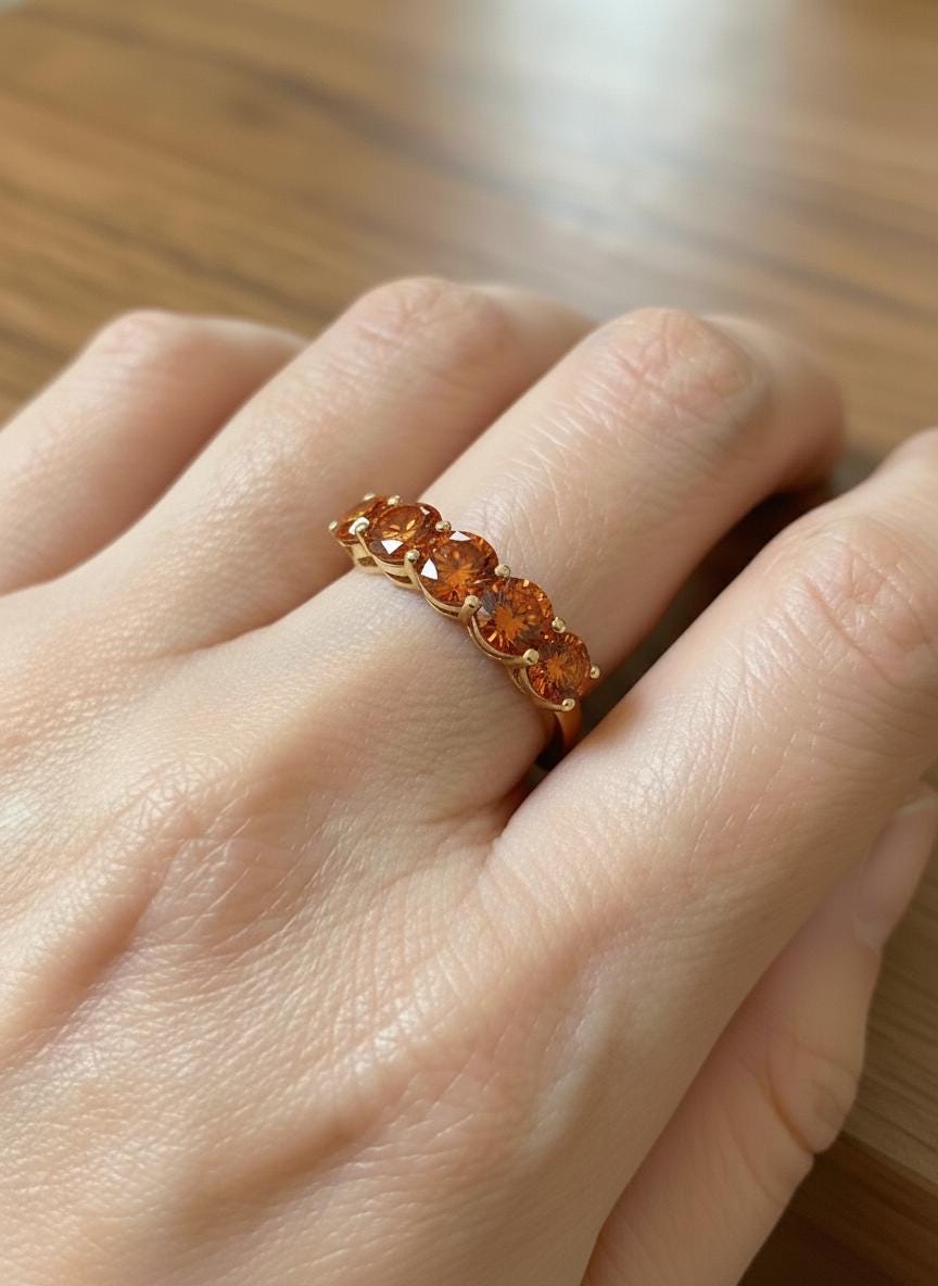Orange Sapphire Wedding Band 3.50ctw 5mm Round Cut 7 Stone Anniversary Ring  Orange Gemstone Eternity Band September Birthstone