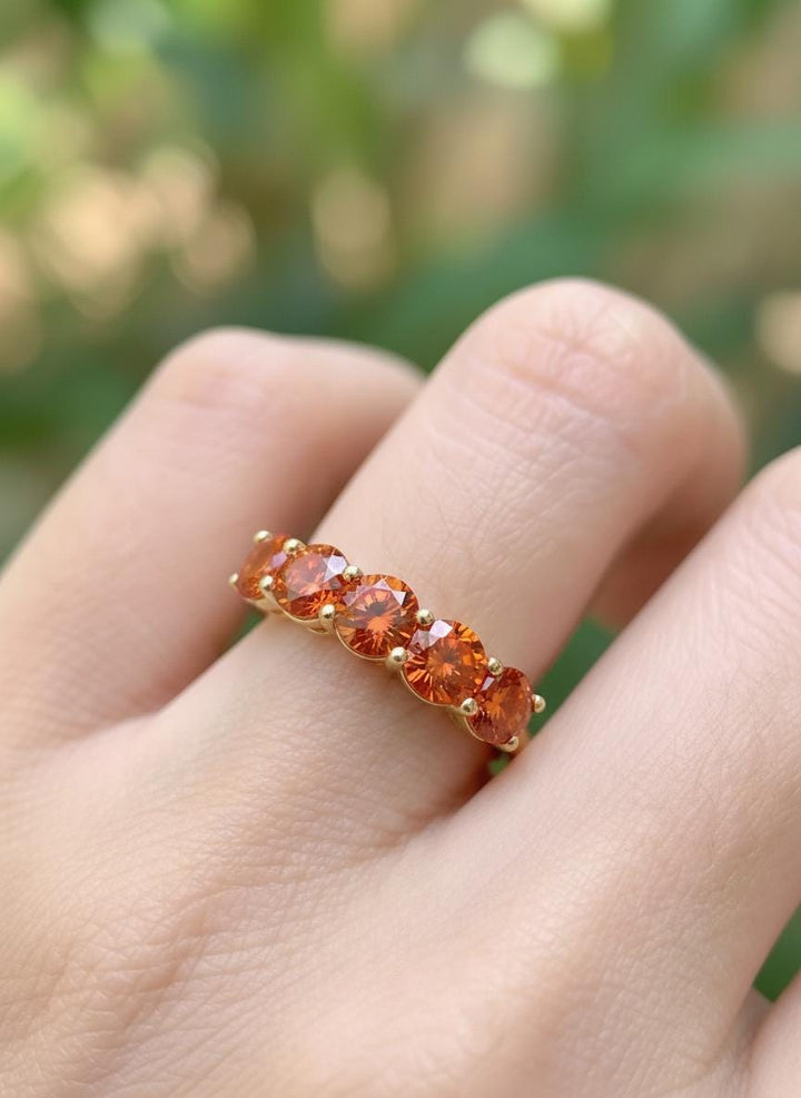 Orange Sapphire Wedding Band 3.50ctw 5mm Round Cut 7 Stone Anniversary Ring  Orange Gemstone Eternity Band September Birthstone