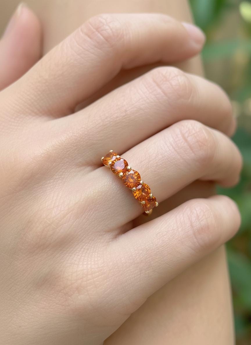 Orange Sapphire Wedding Band 3.50ctw 5mm Round Cut 7 Stone Anniversary Ring  Orange Gemstone Eternity Band September Birthstone