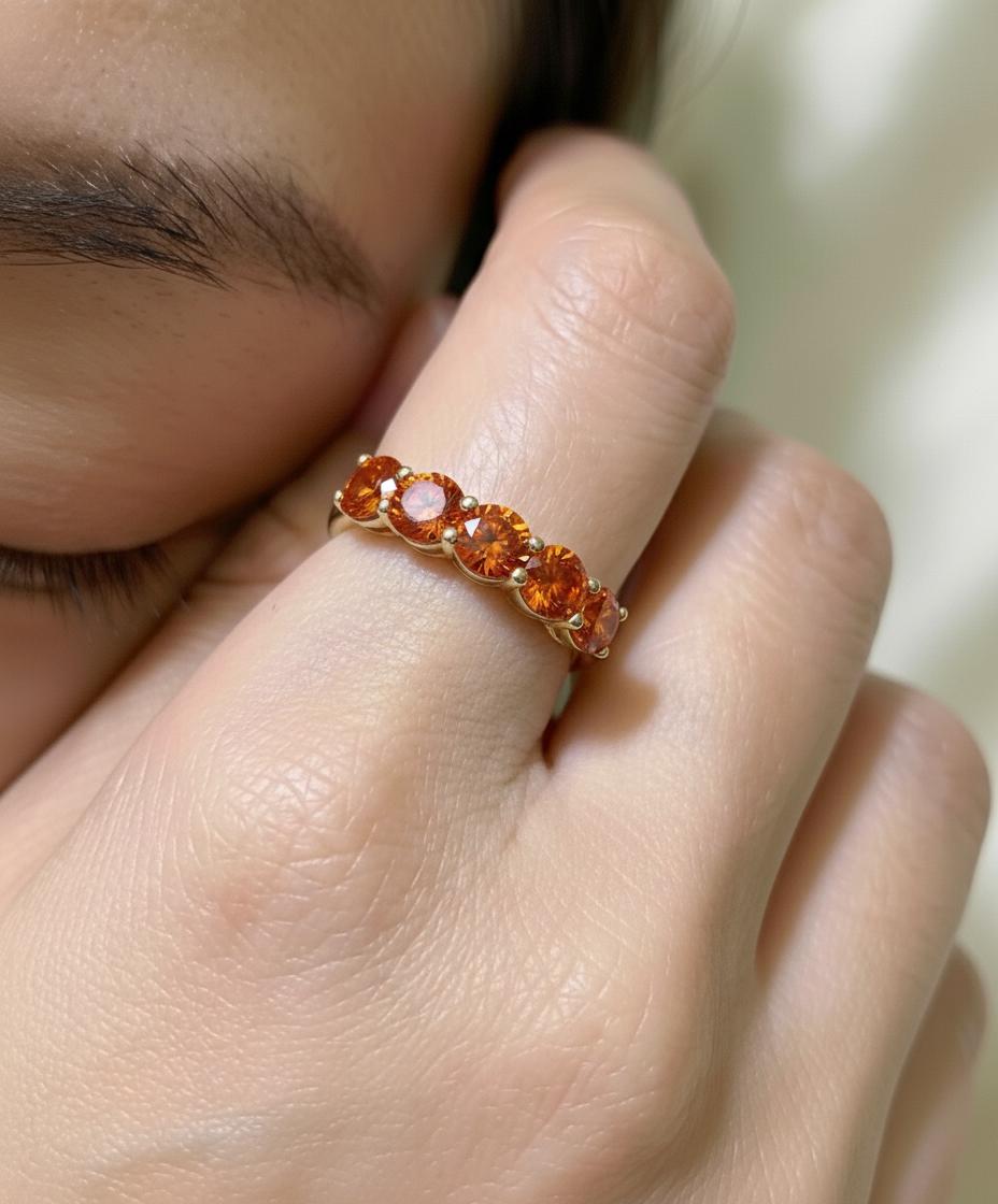 Orange Sapphire Wedding Band 3.50ctw 5mm Round Cut 7 Stone Anniversary Ring  Orange Gemstone Eternity Band September Birthstone