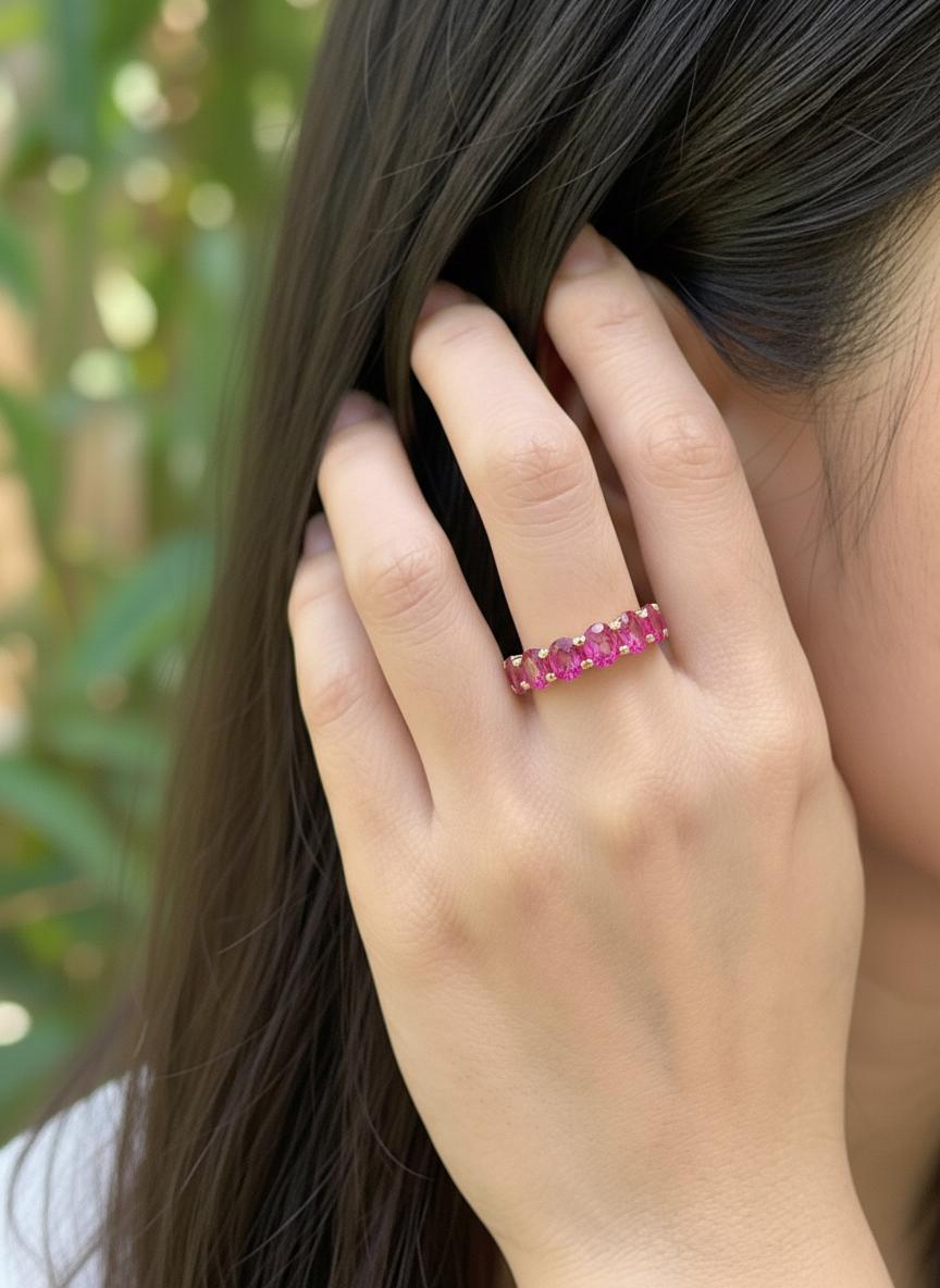 Pink Tourmaline Wedding Band 3.50ctw  Round Cut 7 Stone Anniversary Ring  Pink Gemstone Eternity Band October Birthstone