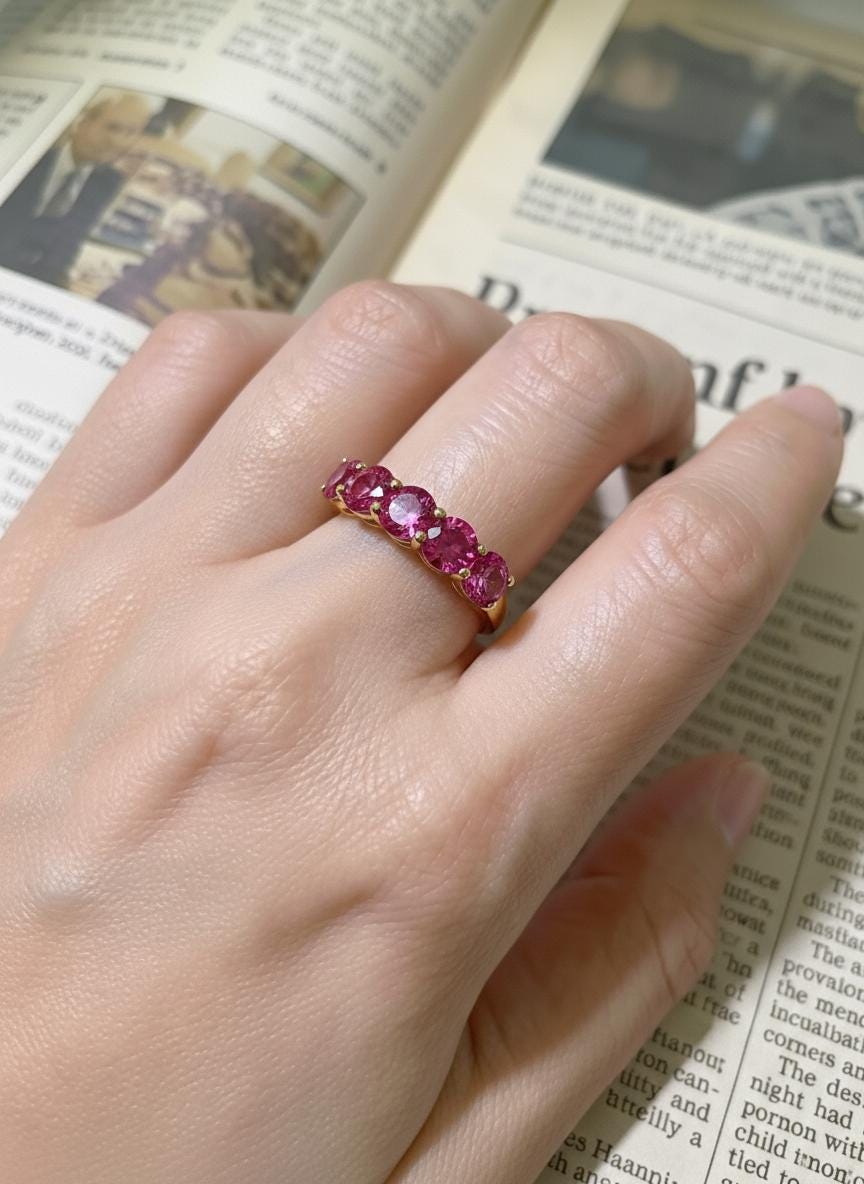 Pink Tourmaline Wedding Band 3.50ctw  Round Cut 7 Stone Anniversary Ring  Pink Gemstone Eternity Band October Birthstone
