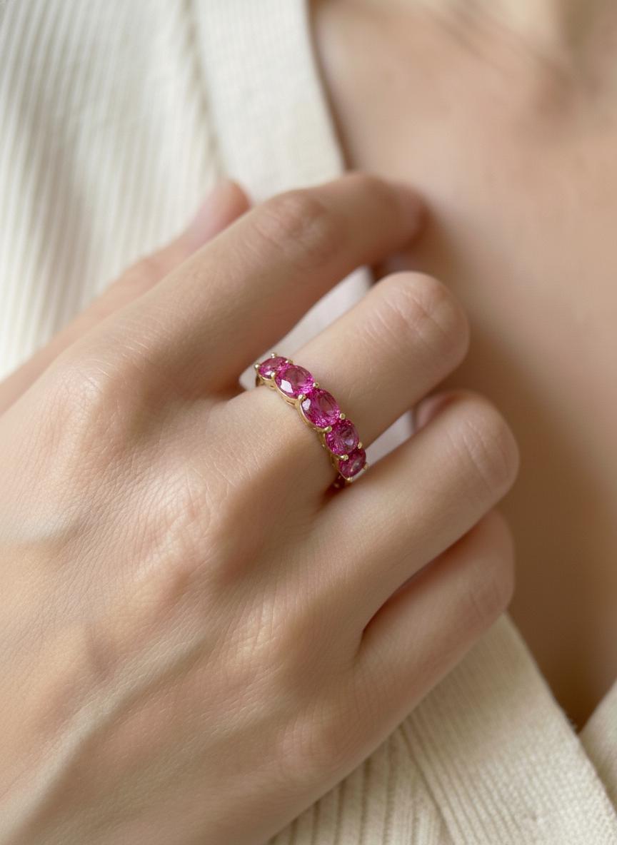 Pink Tourmaline Wedding Band 3.50ctw  Round Cut 7 Stone Anniversary Ring  Pink Gemstone Eternity Band October Birthstone