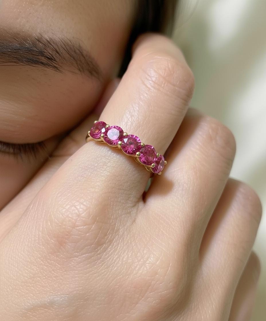 Pink Tourmaline Wedding Band 3.50ctw  Round Cut 7 Stone Anniversary Ring  Pink Gemstone Eternity Band October Birthstone