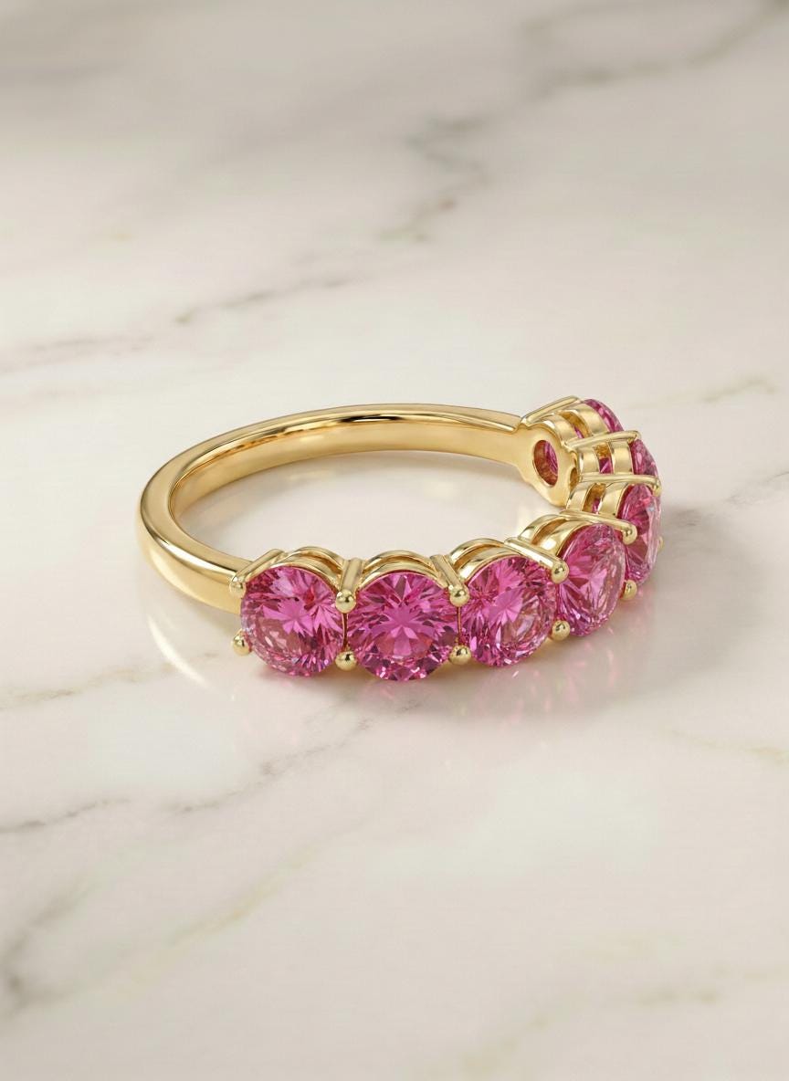 Pink Tourmaline Wedding Band 3.50ctw  Round Cut 7 Stone Anniversary Ring  Pink Gemstone Eternity Band October Birthstone