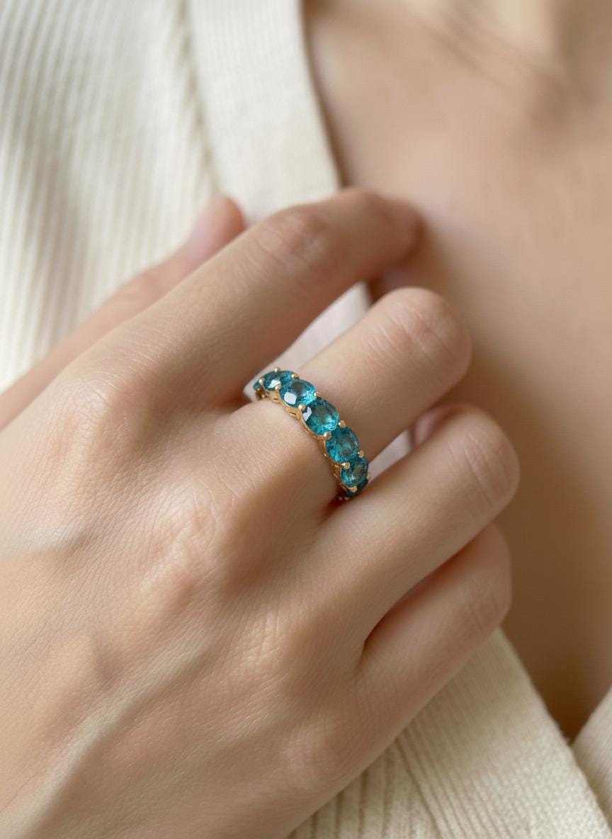 Blue Zircon Wedding Band 3.50ctw 5mm Round Cut 7 Stone Anniversary  Blue Gemstone Eternity Band December Birthstone