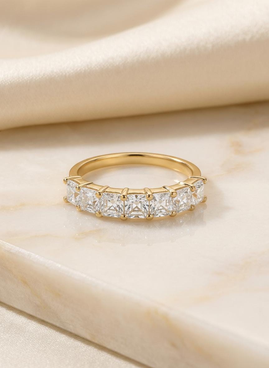 Anniversary Gift Princess Cut Moissanite Wedding Band, 1.05 CTW 7 Stone Ring, 3mm Square Stone Half Eternity Ring