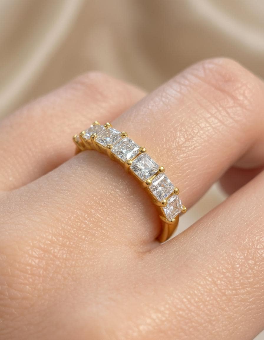 Anniversary Gift Princess Cut Moissanite Wedding Band, 1.05 CTW 7 Stone Ring, 3mm Square Stone Half Eternity Ring