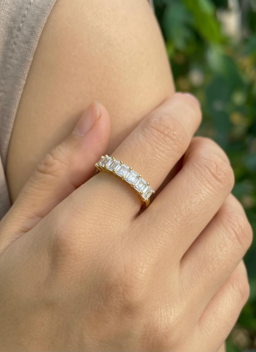 Anniversary Gift Princess Cut Moissanite Wedding Band, 1.05 CTW 7 Stone Ring, 3mm Square Stone Half Eternity Ring