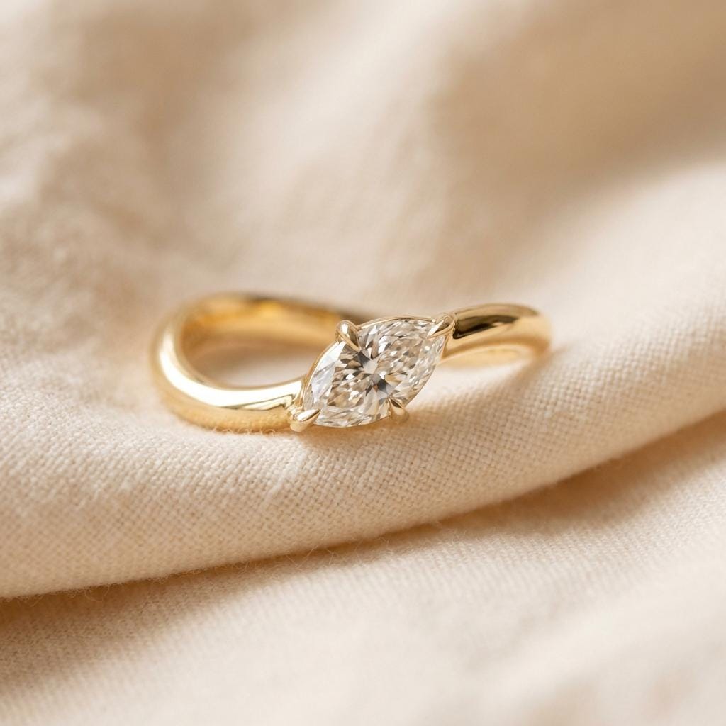 Marquise Moissanite East West Pinky Ring, 14K Solid Gold 0.5CT Marquise Cut Promise Ring, Travel Ring
