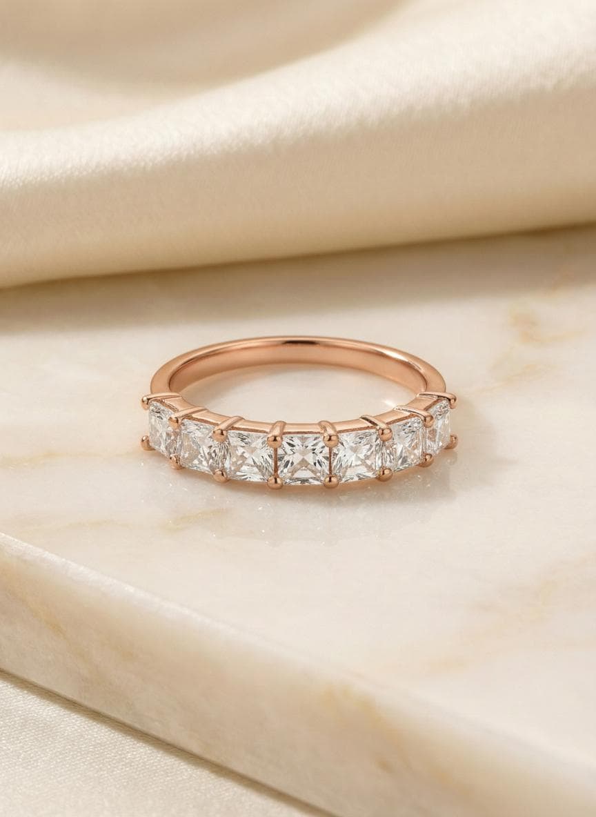 Princess Cut Simulated Diamond Wedding Band, 7 Stone Half Eternity Ring, Stackable Anniversary Ring, Custom Metal Color Gift for Her