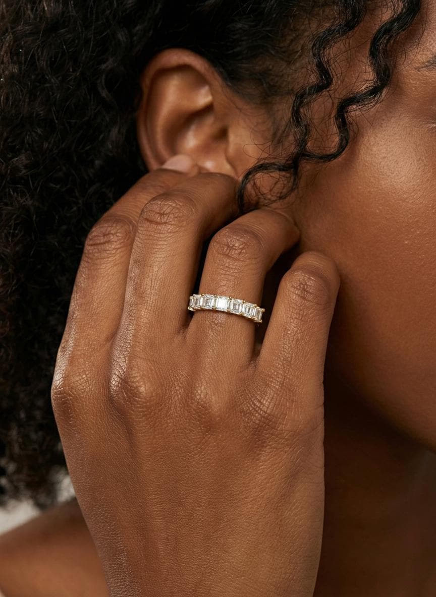 Princess Cut Simulated Diamond Wedding Band, 7 Stone Half Eternity Ring, Stackable Anniversary Ring, Custom Metal Color Gift for Her