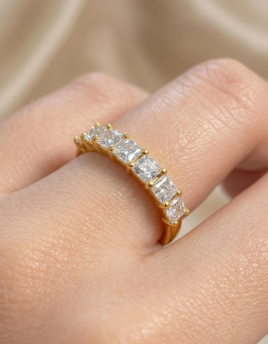 Princess Cut Simulated Diamond Wedding Band, 7 Stone Half Eternity Ring, Stackable Anniversary Ring, Custom Metal Color Gift for Her