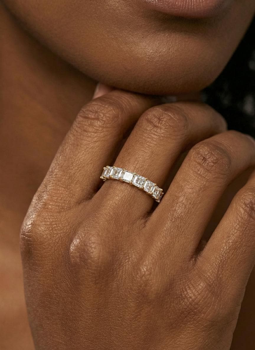 Princess Cut Simulated Diamond Wedding Band, 7 Stone Half Eternity Ring, Stackable Anniversary Ring, Custom Metal Color Gift for Her