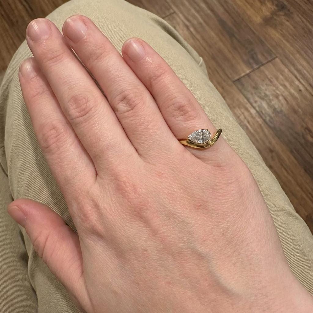 Pear Moissanite East West Pinky Ring, 14K Gold 1.25CT Tilted Pear Promise Ring For Travel Ring