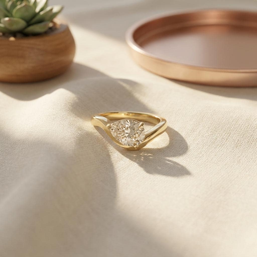Pear Moissanite East West Pinky Ring, 14K Gold 1.25CT Tilted Pear Promise Ring For Travel Ring