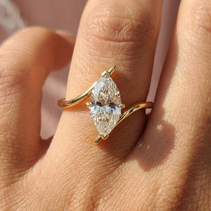 1.5ct Marquise Moissanite Solitaire Ring, 14K Gold Marquise Engagement Ring, Unique Curved Bypass Promise Ring