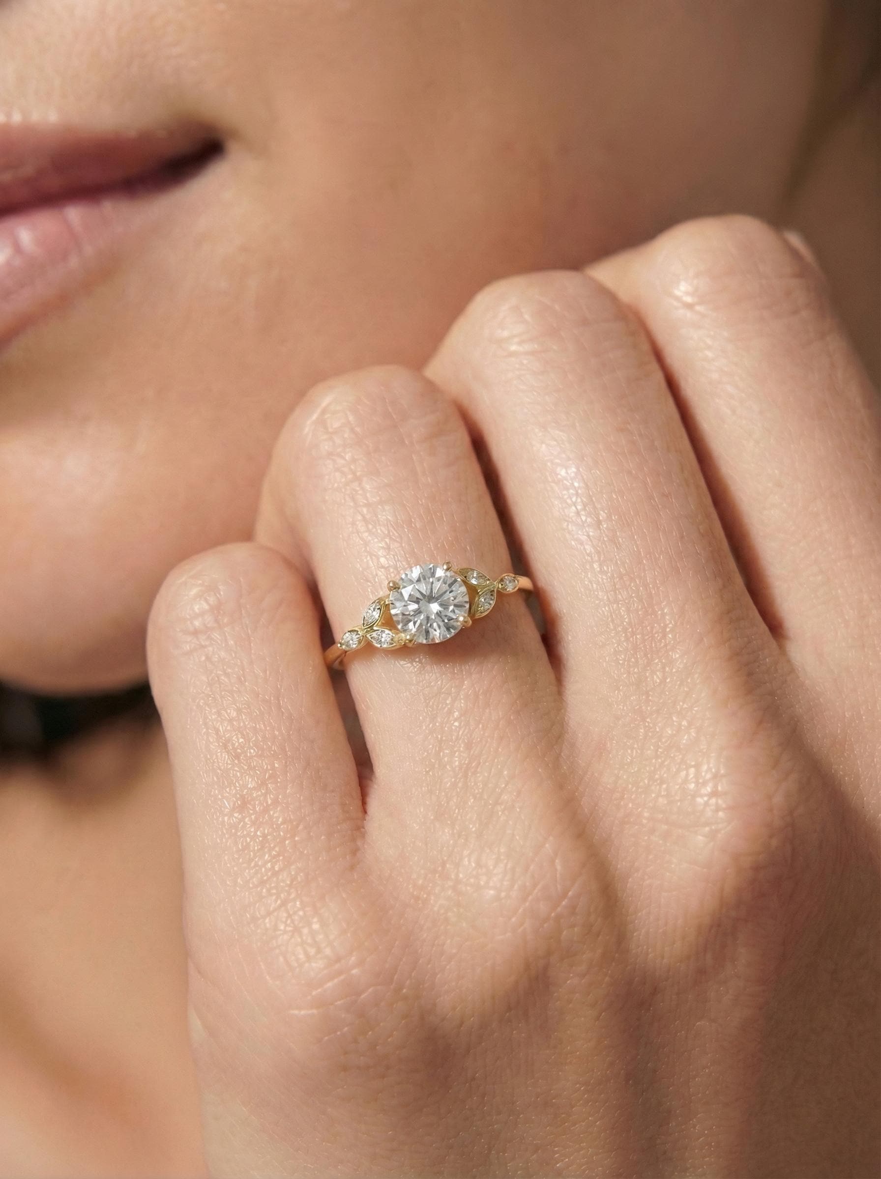 Art Deco Moissanite Cluster Engagement Ring, Round Marquise Moissanite Bridal Ring, Vintage Anniversary Promise Ring for Her