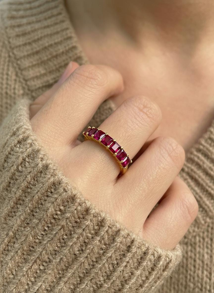 Princess Cut Ruby Wedding Band, 7 Stone Half Eternity Ring, July Birthstone Red Gemstone Stacking Anniversary Ring for Her