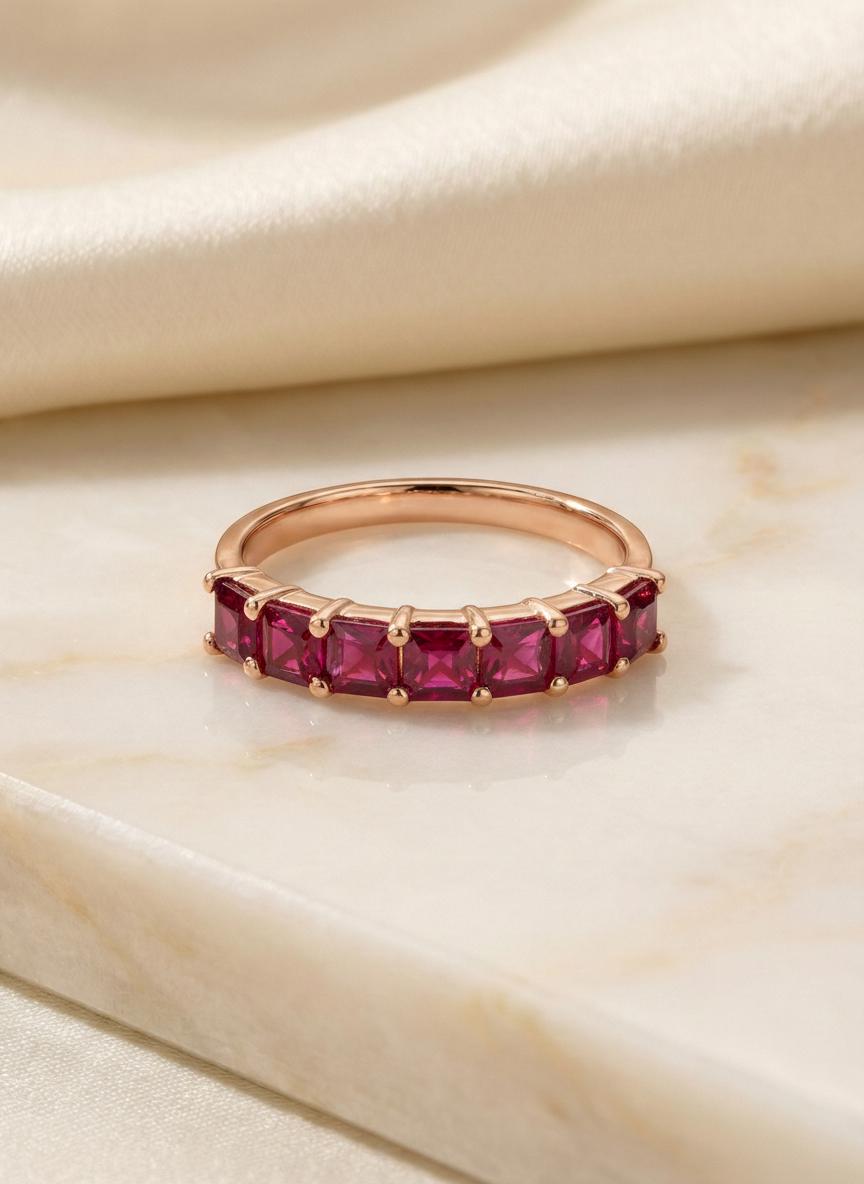 Princess Cut Ruby Wedding Band, 7 Stone Half Eternity Ring, July Birthstone Red Gemstone Stacking Anniversary Ring for Her