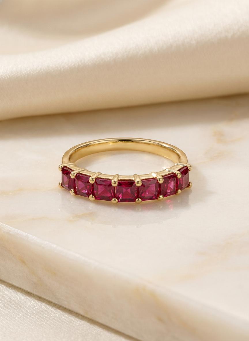 Princess Cut Ruby Wedding Band, 7 Stone Half Eternity Ring, July Birthstone Red Gemstone Stacking Anniversary Ring for Her