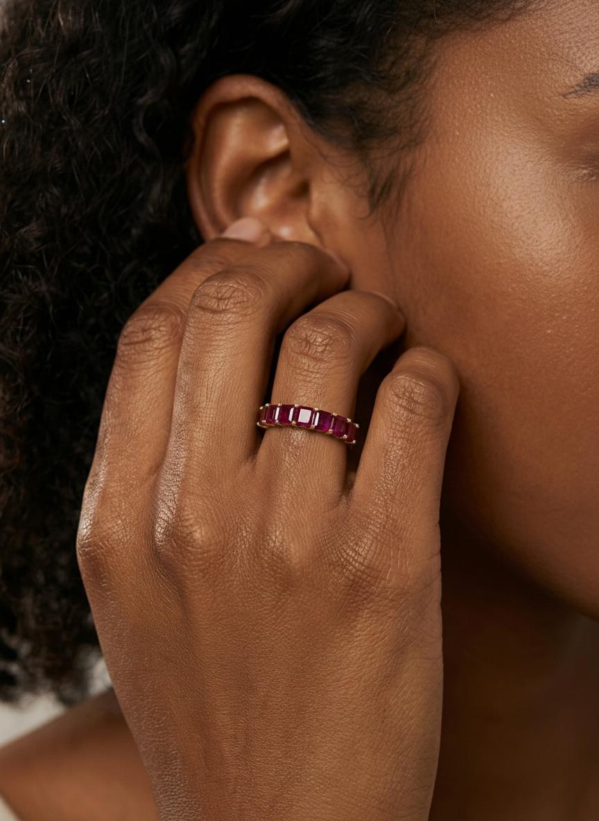 Princess Cut Ruby Wedding Band, 7 Stone Half Eternity Ring, July Birthstone Red Gemstone Stacking Anniversary Ring for Her