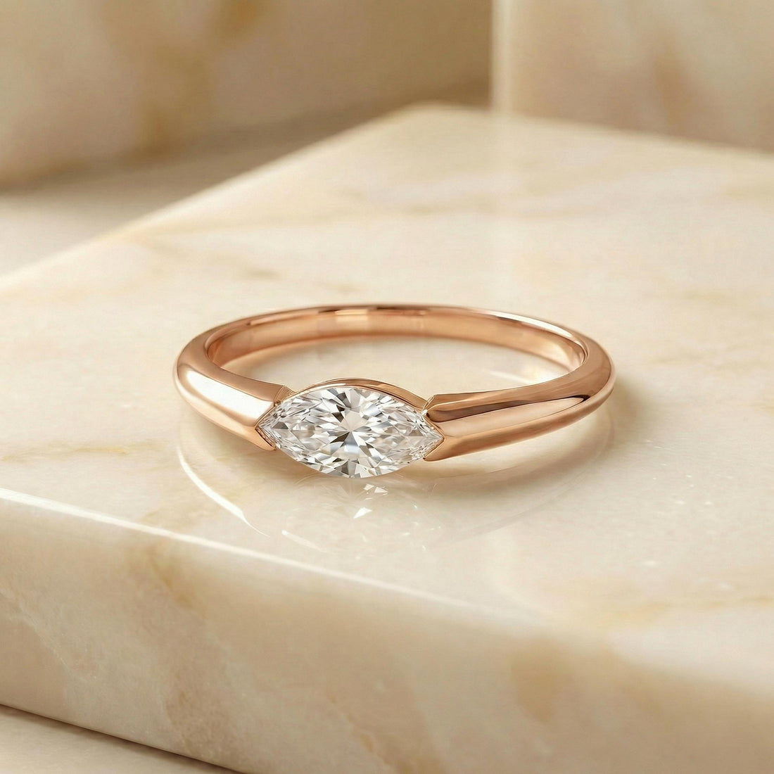 0.50ct East West Marquise Cut Moissanite Solitaire Ring, Modern Minimalist Half-Bezel Engagement Ring, 14K Solid Gold Anniversary Ring