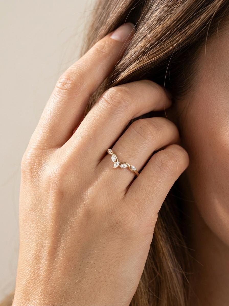 Moissanite Curved Marquise Cluster Band, 18K Gold V-Shaped Wedding Ring, Lab Grown Diamond Enhancer Ring