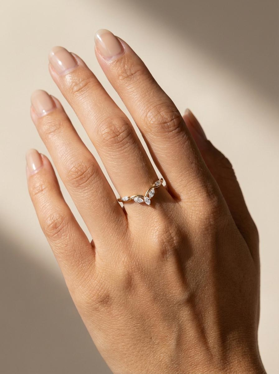 Moissanite Curved Marquise Cluster Band, 18K Gold V-Shaped Wedding Ring, Lab Grown Diamond Enhancer Ring