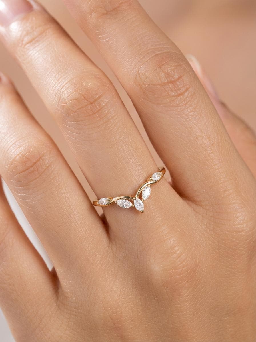 Moissanite Curved Marquise Cluster Band, 18K Gold V-Shaped Wedding Ring, Lab Grown Diamond Enhancer Ring