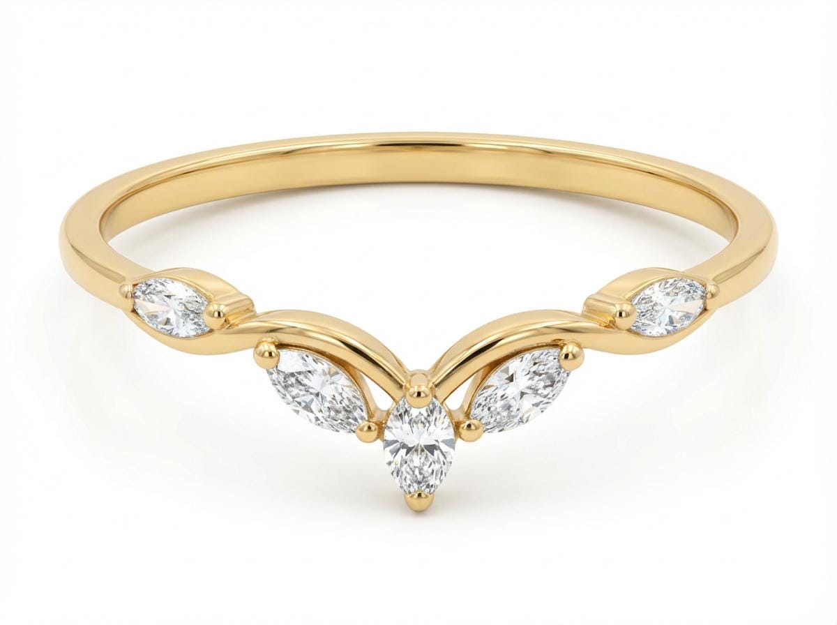 Moissanite Curved Marquise Cluster Band, 18K Gold V-Shaped Wedding Ring, Lab Grown Diamond Enhancer Ring