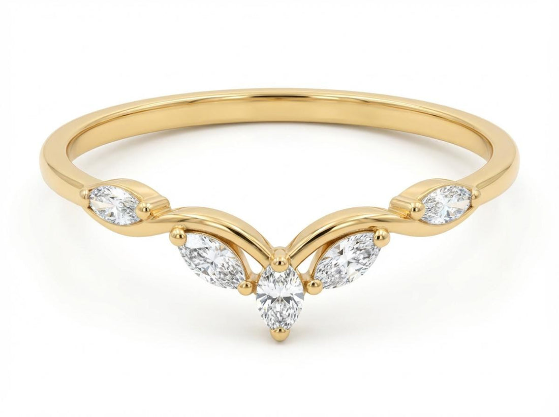 Moissanite Curved Marquise Cluster Band, 18K Gold V-Shaped Wedding Ring, Lab Grown Diamond Enhancer Ring