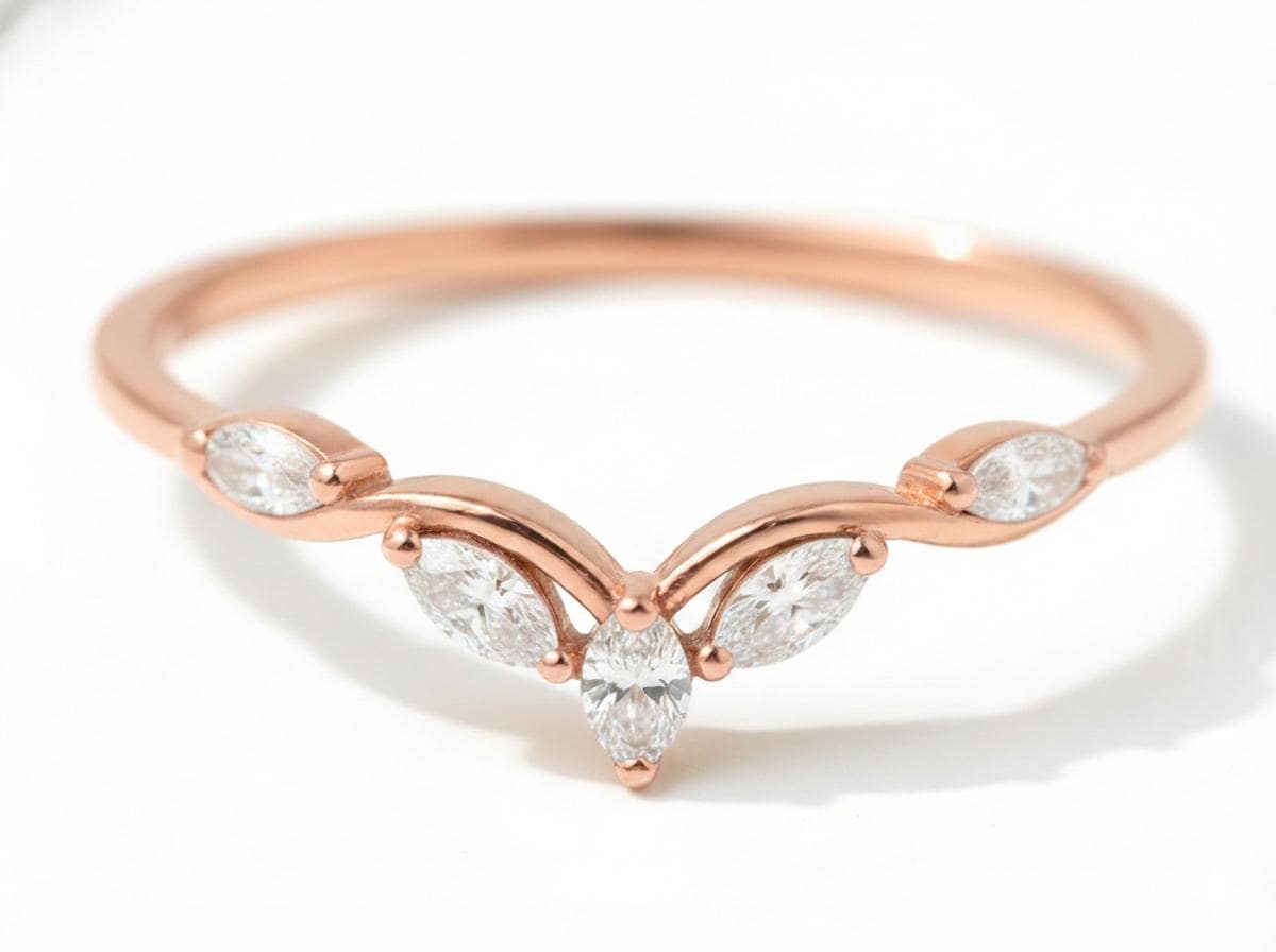 Moissanite Curved Marquise Cluster Band, 18K Gold V-Shaped Wedding Ring, Lab Grown Diamond Enhancer Ring