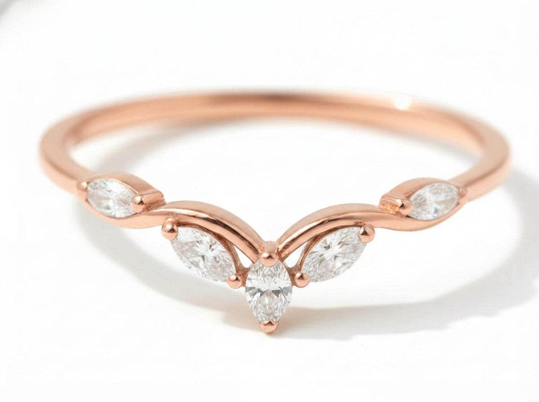 Moissanite Curved Marquise Cluster Band, 18K Gold V-Shaped Wedding Ring, Lab Grown Diamond Enhancer Ring