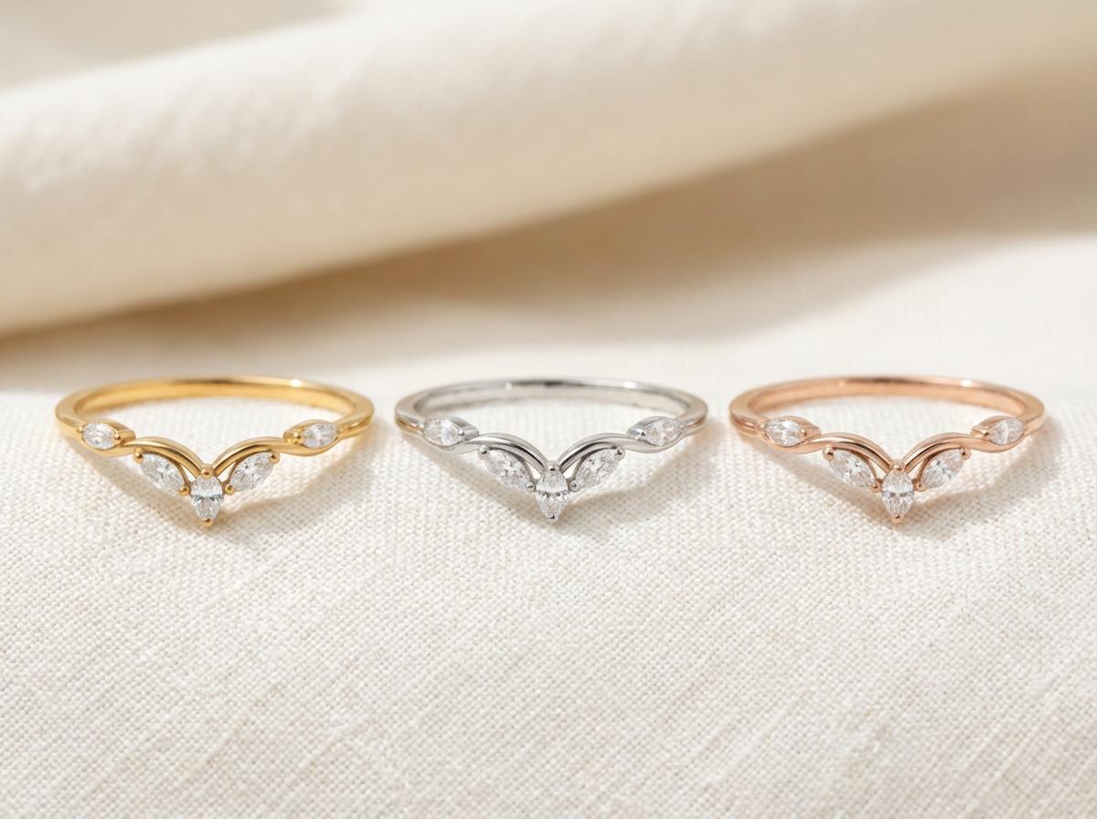 Moissanite Curved Marquise Cluster Band, 18K Gold V-Shaped Wedding Ring, Lab Grown Diamond Enhancer Ring