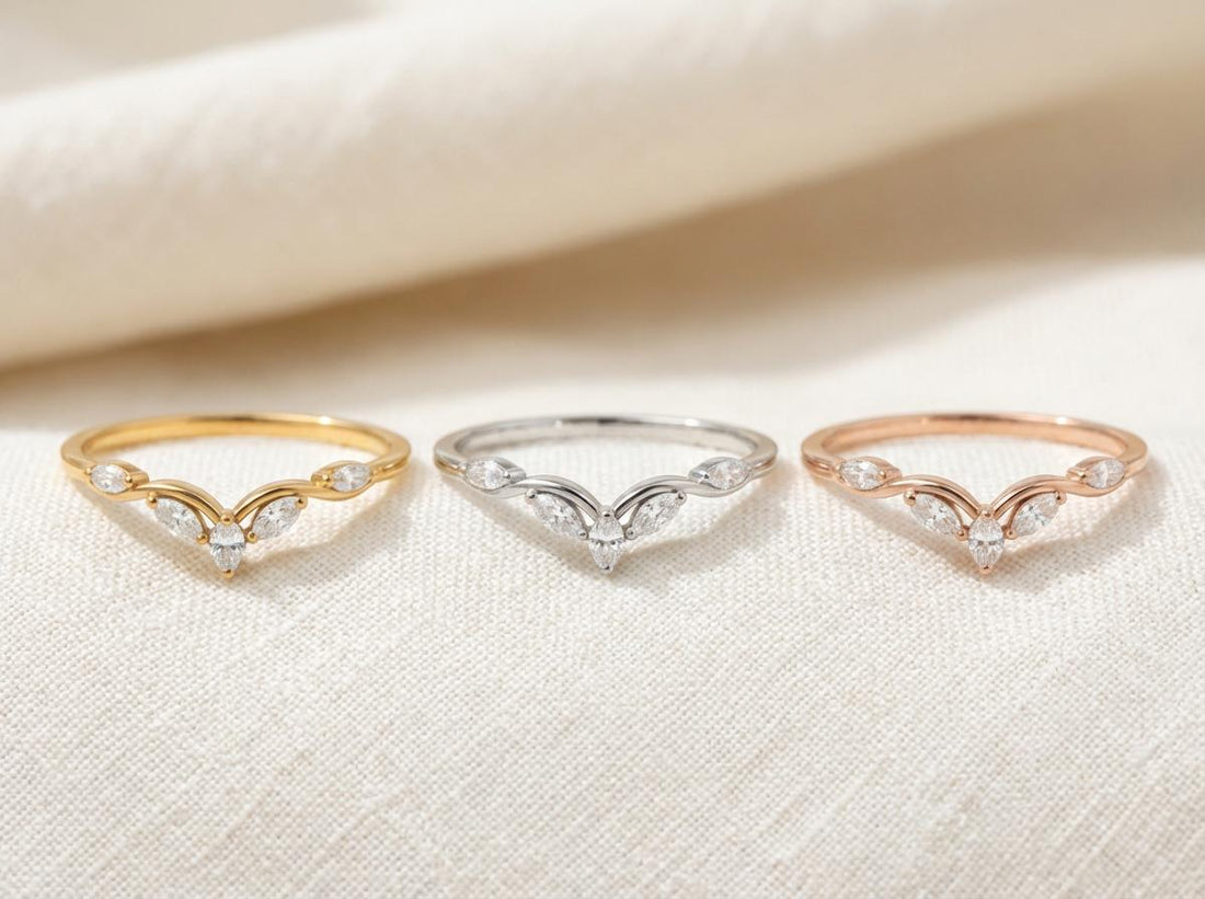Moissanite Curved Marquise Cluster Band, 18K Gold V-Shaped Wedding Ring, Lab Grown Diamond Enhancer Ring