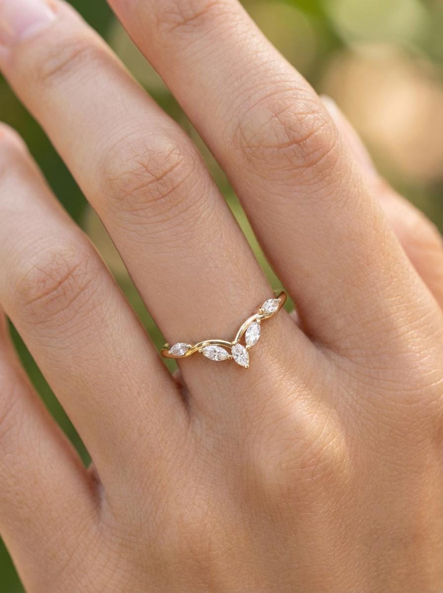 Moissanite Curved Marquise Cluster Band, 18K Gold V-Shaped Wedding Ring, Lab Grown Diamond Enhancer Ring